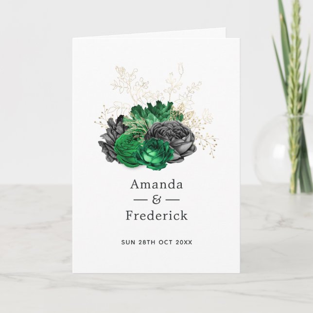 Dark Emerald and Gold Floral Wedding Program (Front)