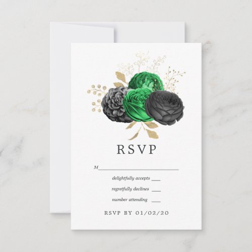 Dark Emerald and Gold Floral Wedding RSVP Card