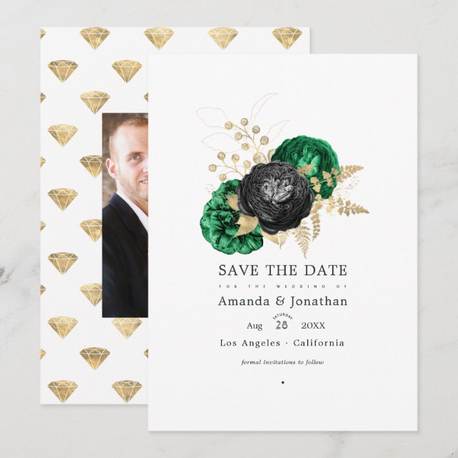 Dark Emerald and Gold Floral Wedding Save The Date (Front/Back)