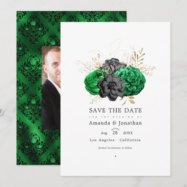 Dark Emerald and Gold Floral Wedding Save The Date (Front/Back)