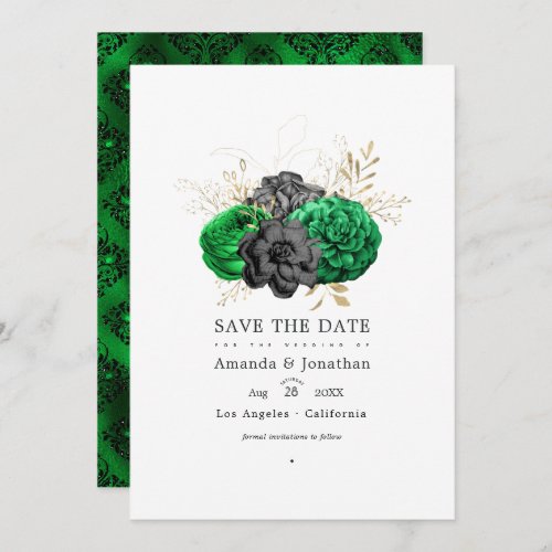 Dark Emerald and Gold Floral Wedding Save The Date