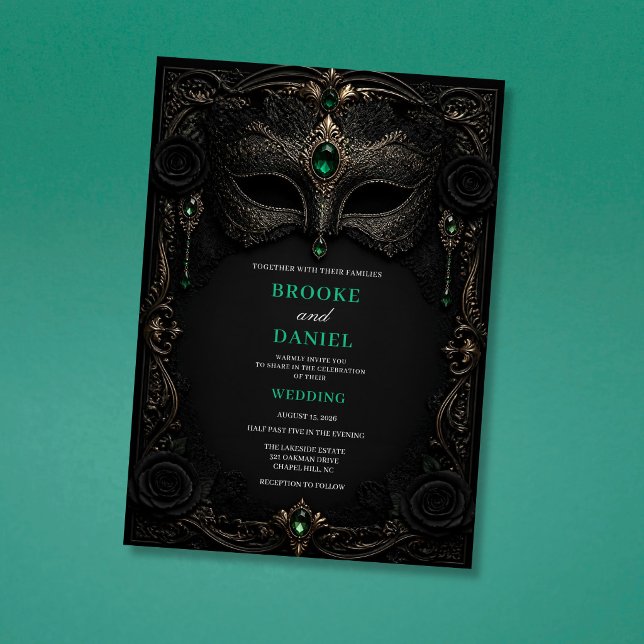 Dark Emerald Gothic Masquerade Rose Wedding Invitation (Creator Uploaded)