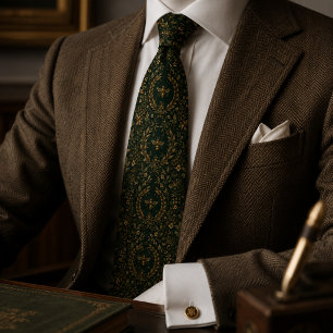 Dark Emerald Green and Gold Bee Botanical Neck Tie