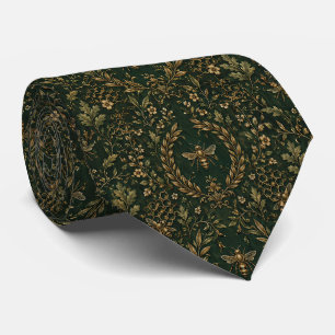 Dark Emerald Green and Gold Bee Botanical Neck Tie