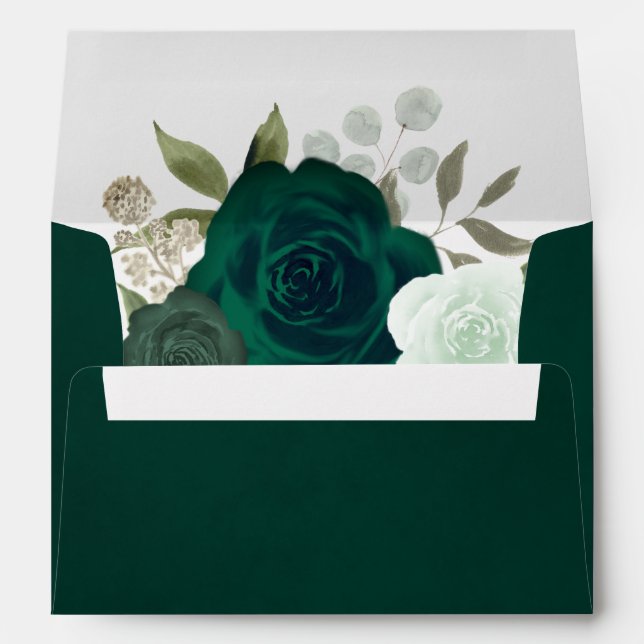 Dark Emerald Green Boho Roses Elegant Wedding Envelope (Back (Bottom))