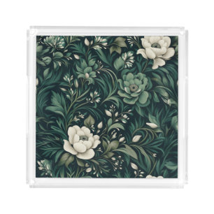 Dark Emerald Green Floral Acrylic Tray