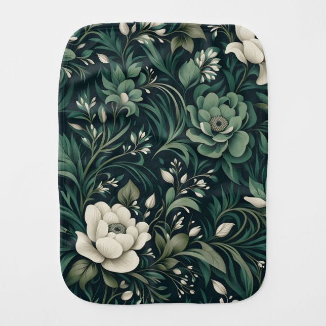 Dark Emerald Green Floral Baby Burp Cloth (Front)