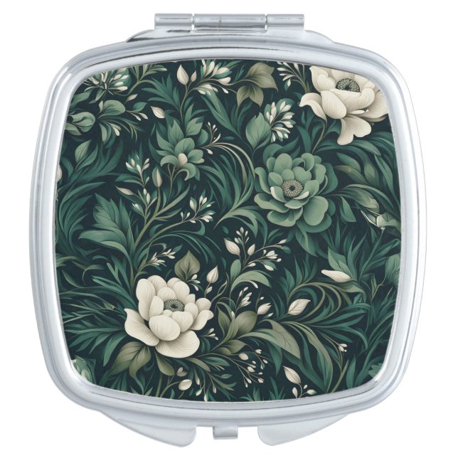 Dark Emerald Green Floral Compact Mirror (Front)