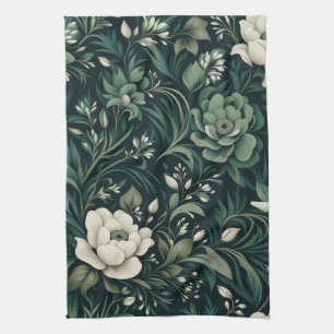 Dark Emerald Green Floral Kitchen Towel