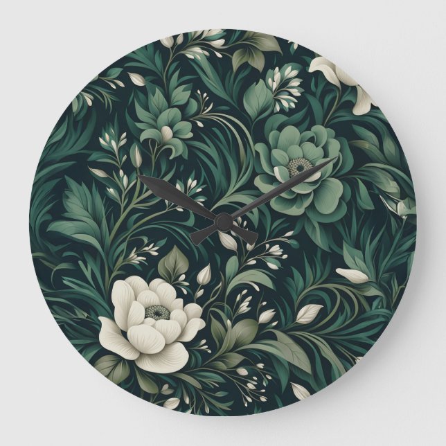 Dark Emerald Green Floral Large Clock (Front)