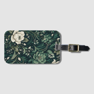 Dark Emerald Green Floral Luggage Tag