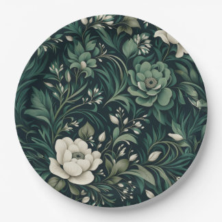 Dark Emerald Green Floral Paper Plates