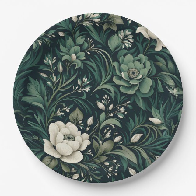 Dark Emerald Green Floral Paper Plates (Front)