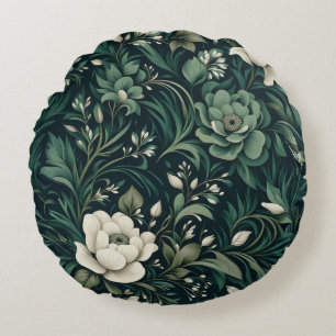 Dark Emerald Green Floral Round Pillow