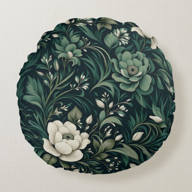 Dark Emerald Green Floral Round Pillow (Front)