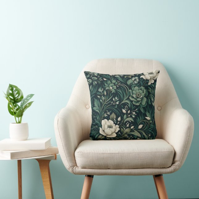 Dark Emerald Green Floral Throw Pillow (Chair)