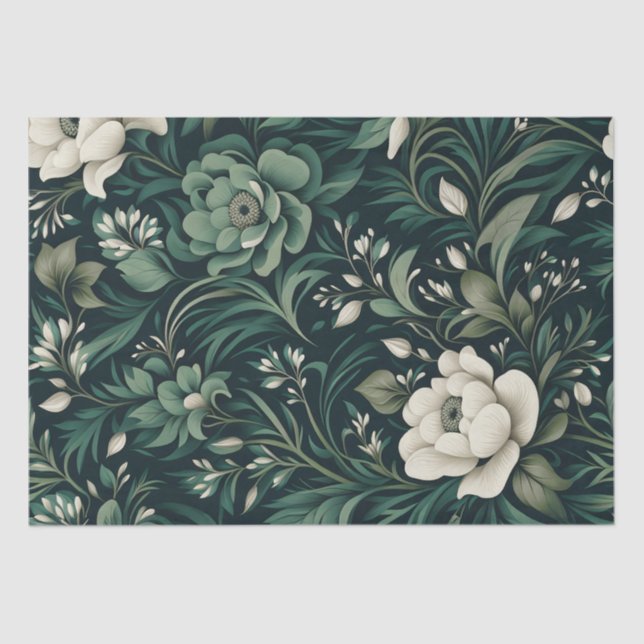 Dark Emerald Green Floral Tissue Paper (Front)