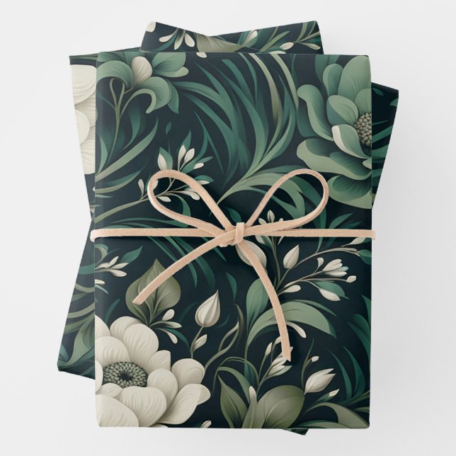 Dark Emerald Green Floral Wrapping Paper Sheets (In situ)