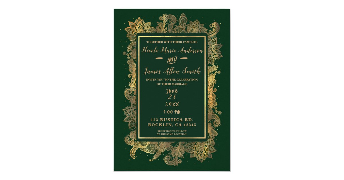 Dark Emerald Green Gold Elegant Floral Wedding Invitation Zazzle Com