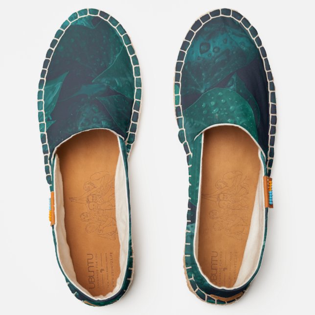 Dark emerald green ivy leaves water drops espadrilles (Front)
