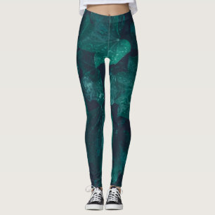 Dark emerald green ivy leaves water drops leggings