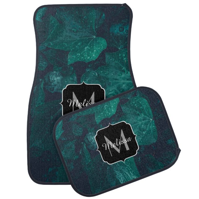 Dark emerald green ivy leaves water drops Monogram Car Floor Mat (Set)