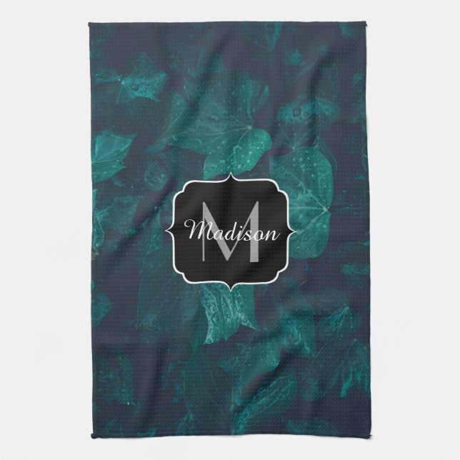 Dark emerald green ivy leaves water drops Monogram Kitchen Towel (Vertical)