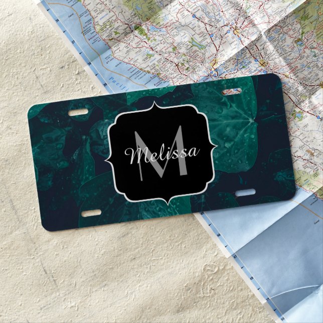 Dark emerald green ivy leaves water drops Monogram License Plate (In Situ)