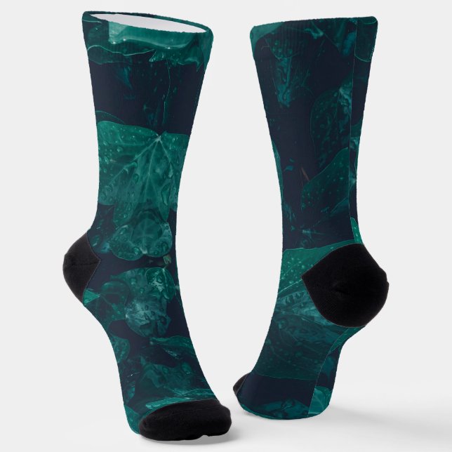 Dark emerald green ivy leaves water drops socks (Angled)
