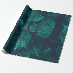 Dark emerald green ivy leaves water drops wrapping paper