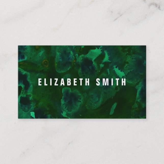 Dark emerald green marble watercolor business card (Front)