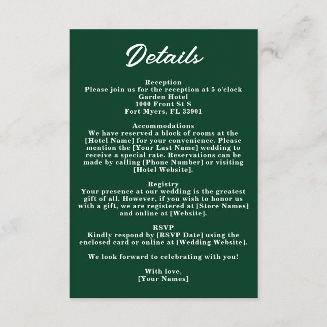 Dark Emerald Green Moody Jewel Wedding Details Enclosure Card (Front)