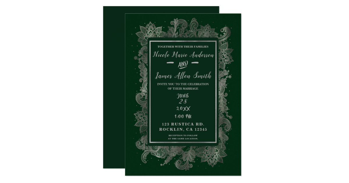 Dark Emerald Green Silver Elegant Floral Wedding Invitation Zazzle Com