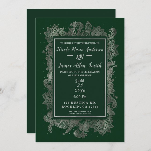 Dark Emerald Green & Silver Elegant Floral Wedding Invitation (Front/Back)