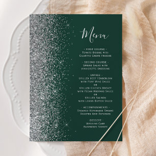 Dark Emerald Green Silver Glitter Wedding Menu