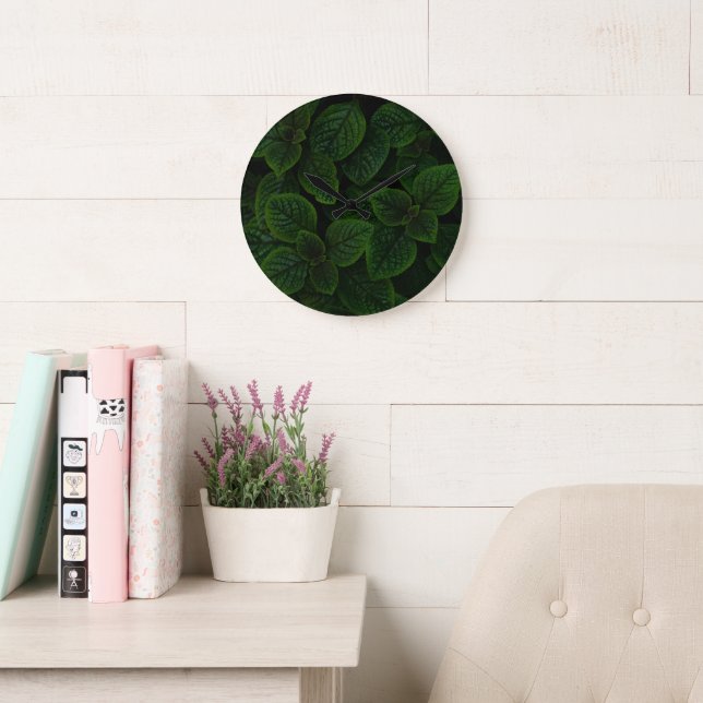 Dark Emerald Green Textured Leaves Pattern Large Clock (Reading Room)