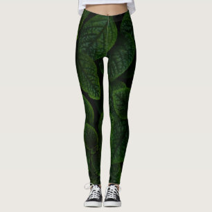 Dark Emerald Green Textured Leaves Pattern Leggings
