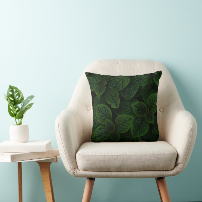 Dark Emerald Green Textured Leaves Pattern Throw Pillow (Chair)