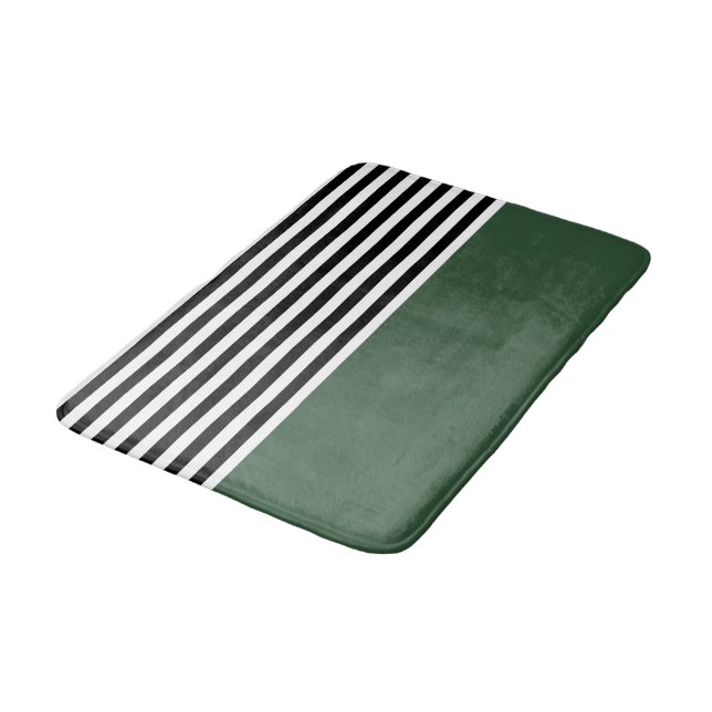 Dark Emerald Green With Black and White Stripes Bath Mat (Angled)