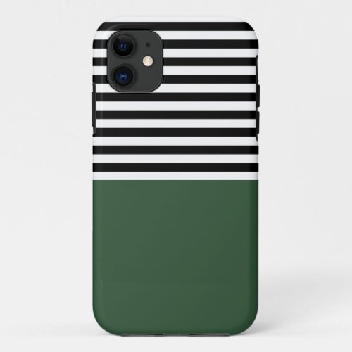 Dark Emerald Green With Black and White Stripes iPhone 11 Case