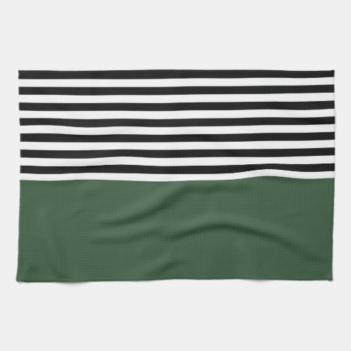 Dark Emerald Green With Black and White Stripes Kitchen Towel