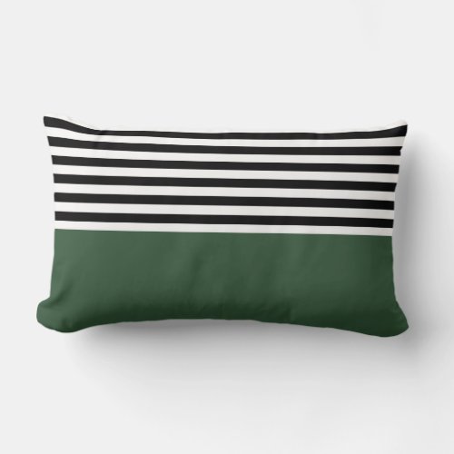 Dark Emerald Green With Black and White Stripes Lumbar Pillow
