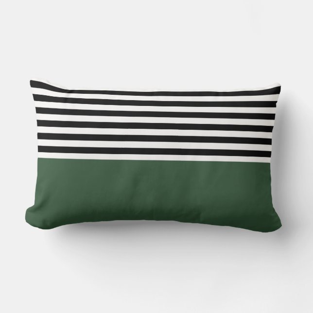 Dark Emerald Green With Black and White Stripes Lumbar Pillow (Front)