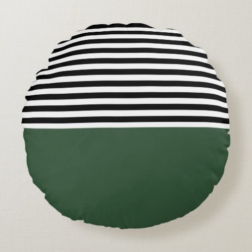 Dark Emerald Green With Black and White Stripes Round Pillow