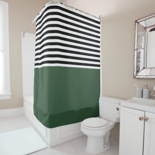 Dark Emerald Green With Black and White Stripes Shower Curtain