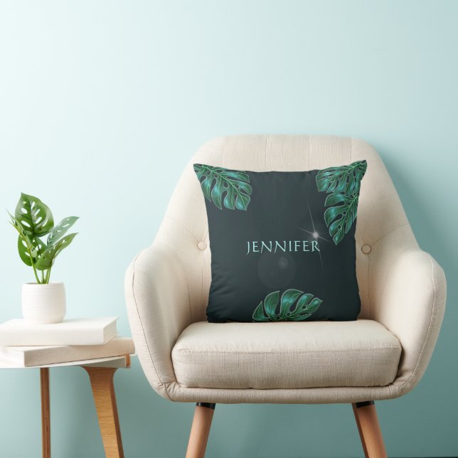 Dark Emerald Modern Tropical Foliage Throw Pillow (Chair)