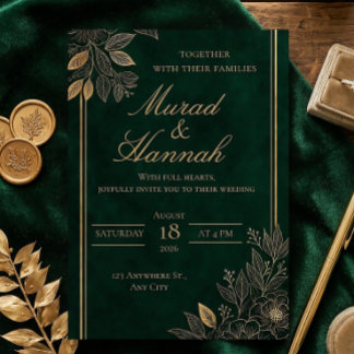 Dark Emerald Wedding Invitation | Moody Gold Botan