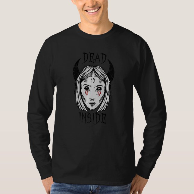 Dark Emo Gothic Girl With Baphomet Devil Horns Dea T-Shirt (Front)