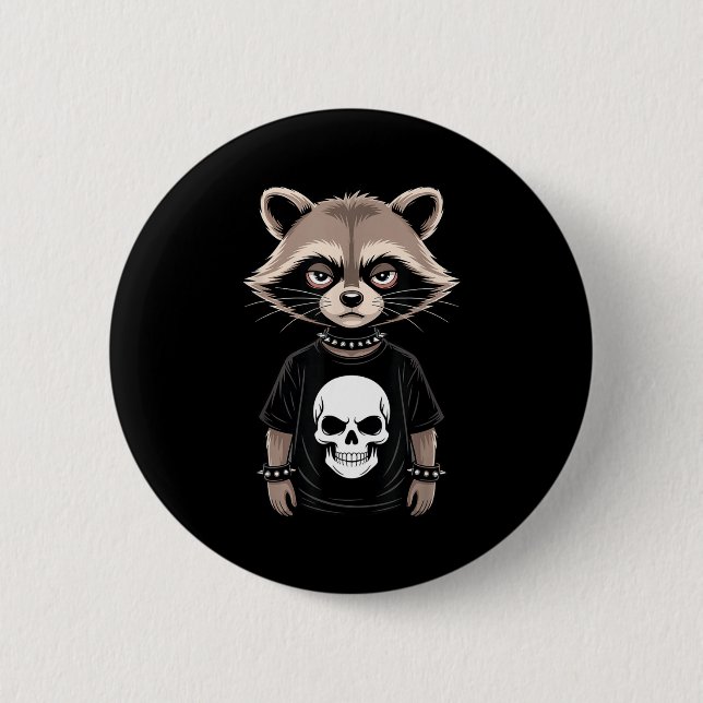 Dark Emo Raccoon With Skull Punk Style Alternative Button (Front)