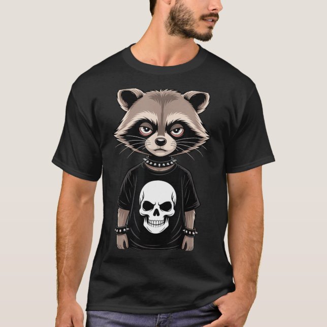 Dark Emo Raccoon With Skull Punk Style Alternative T-Shirt (Front)
